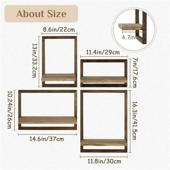 Rustic Wood Floating Wall Shelves Farmhouse Decor Storage Set for Bedroom - Picture 3 of 7